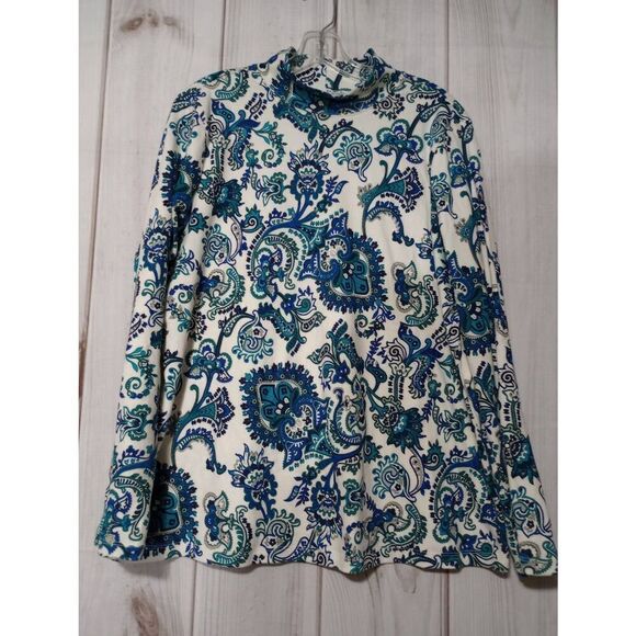 Paisley Mock Neck Long Sleeve Top, Blue Green‎ White Patterned Blouse - Picture 1 of 7